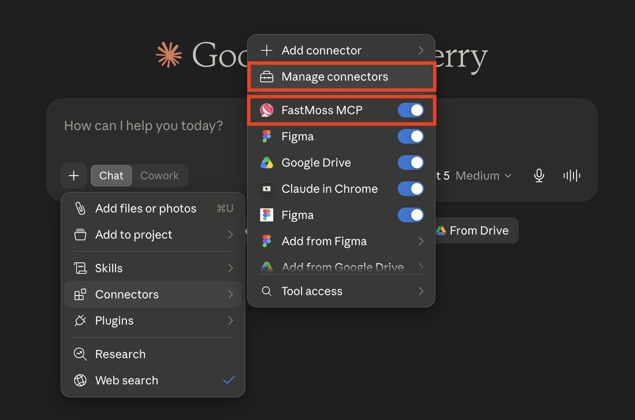 Claude Desktop Connectors menu — the FastMoss MCP toggle is switched on
