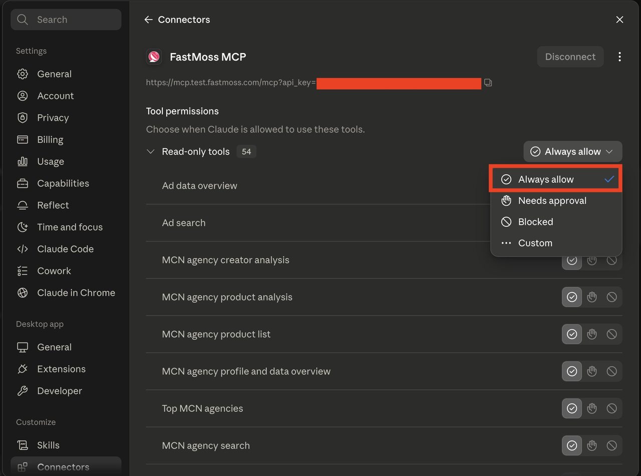 Claude settings — FastMoss MCP tool permissions set to Always allow